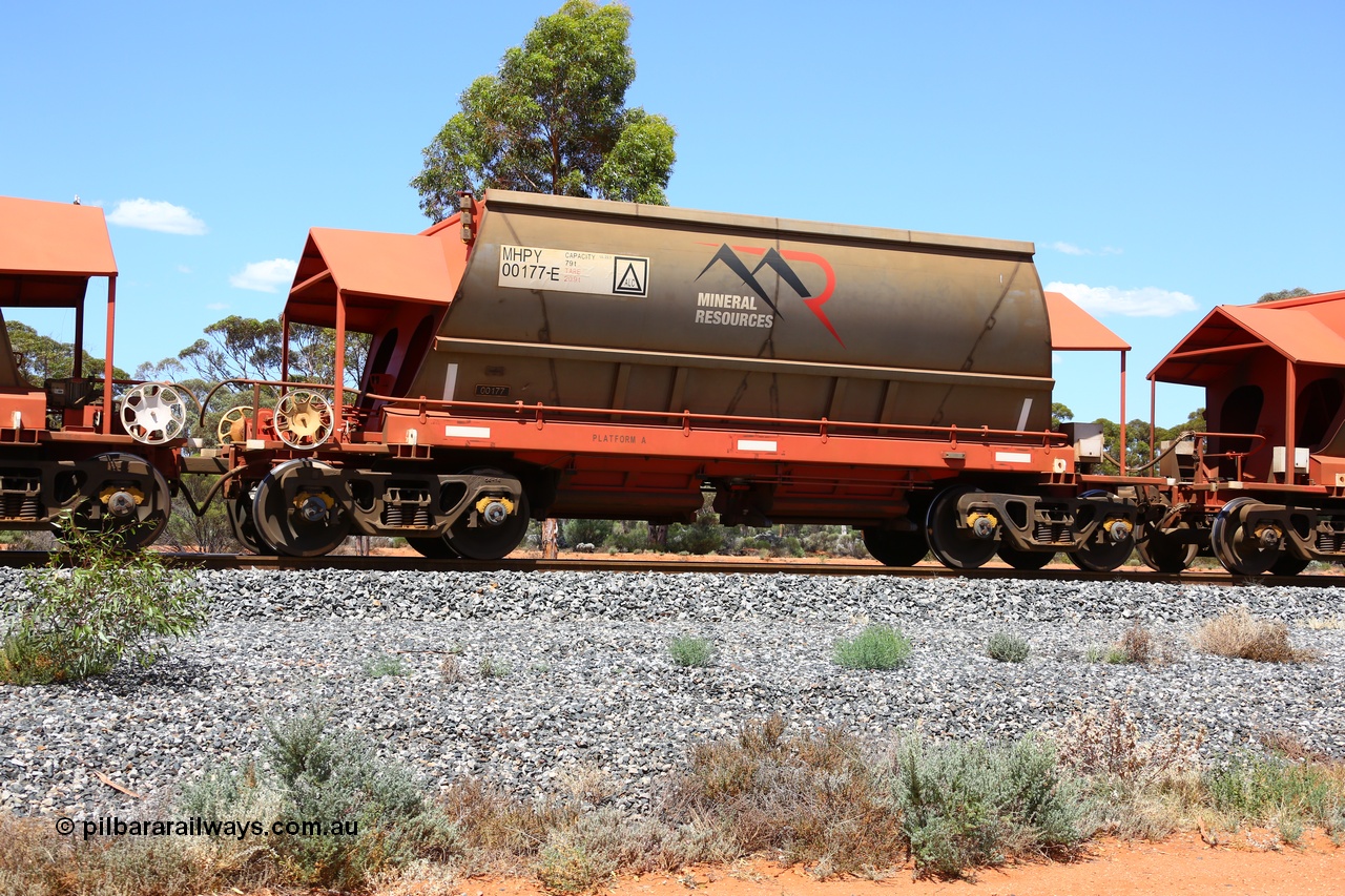 190107 0633
Binduli, on empty Mineral Resources Ltd iron ore train service from Esperance to Koolyanobbing 2034 with MRL's MHPY type iron ore waggon MHPY 00177 built by CSR Yangtze Co China serial 2014/382-177 in 2014 as a batch of 382 units, these bottom discharge hopper waggons are operated in 'married' pairs.
Keywords: MHPY-type;MHPY00177;2014/382-177;CSR-Yangtze-Rolling-Stock-Co-China;