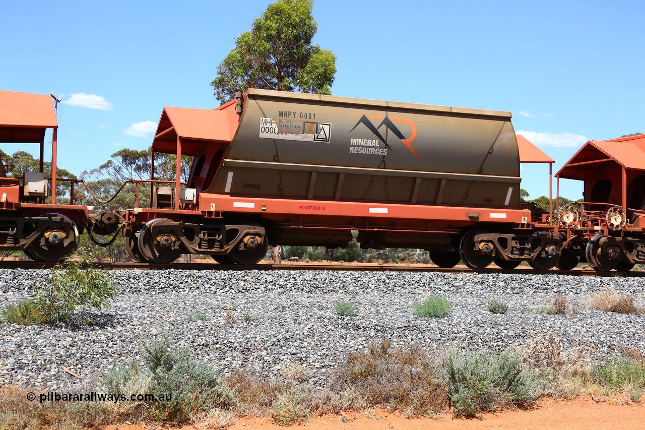190107 0634
Binduli, on empty Mineral Resources Ltd iron ore train service from Esperance to Koolyanobbing 2034 with MRL's MHPY type iron ore waggon MHPY 00001 built by CSR Yangtze Co China serial 2014/382-1 in 2014 as a batch of 382 units, these bottom discharge hopper waggons are operated in 'married' pairs.
Keywords: MHPY-type;MHPY00001;2014/382-1;CSR-Yangtze-Rolling-Stock-Co-China;