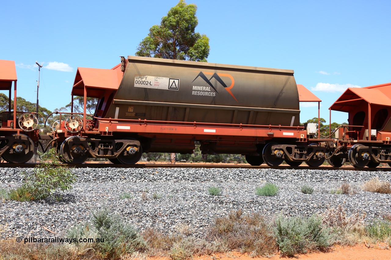 190107 0635
Binduli, on empty Mineral Resources Ltd iron ore train service from Esperance to Koolyanobbing 2034 with MRL's MHPY type iron ore waggon MHPY 00002 built by CSR Yangtze Co China serial 2014/382-2 in 2014 as a batch of 382 units, these bottom discharge hopper waggons are operated in 'married' pairs.
Keywords: MHPY-type;MHPY00002;2014/382-2;CSR-Yangtze-Rolling-Stock-Co-China;
