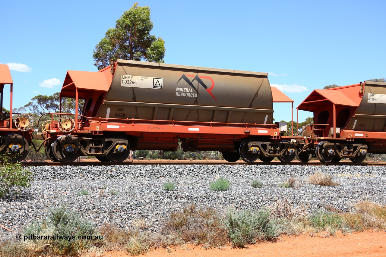 190107 0637
Binduli, on empty Mineral Resources Ltd iron ore train service from Esperance to Koolyanobbing 2034 with MRL's MHPY type iron ore waggon MHPY 00329 built by CSR Yangtze Co China serial 2014/382-329 in 2014 as a batch of 382 units, these bottom discharge hopper waggons are operated in 'married' pairs.
Keywords: MHPY-type;MHPY00329;2014/382-329;CSR-Yangtze-Rolling-Stock-Co-China;