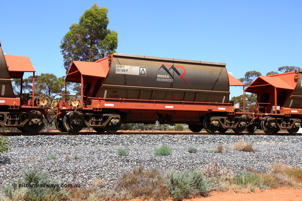 190107 0639
Binduli, on empty Mineral Resources Ltd iron ore train service from Esperance to Koolyanobbing 2034 with MRL's MHPY type iron ore waggon MHPY 00168 built by CSR Yangtze Co China serial 2014/382-168 in 2014 as a batch of 382 units, these bottom discharge hopper waggons are operated in 'married' pairs.
Keywords: MHPY-type;MHPY00168;2014/382-168;CSR-Yangtze-Rolling-Stock-Co-China;