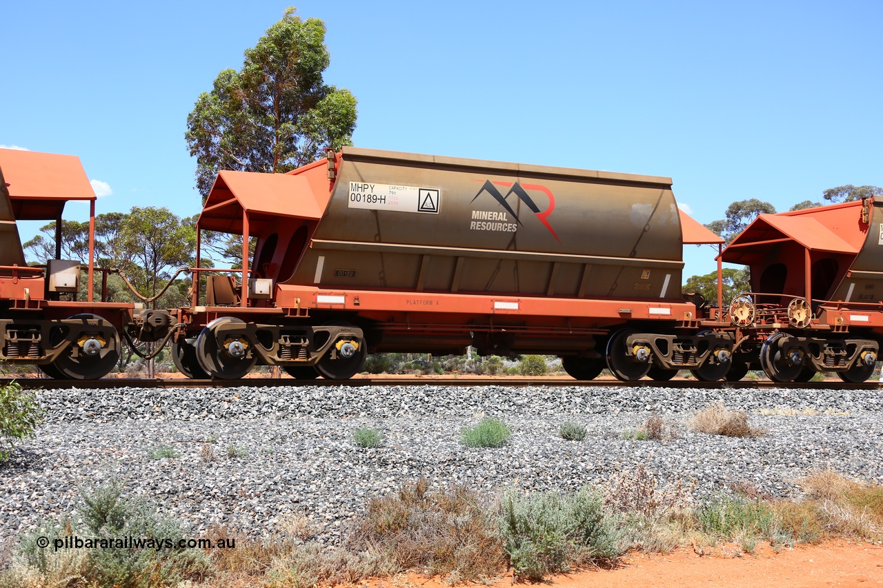 190107 0640
Binduli, on empty Mineral Resources Ltd iron ore train service from Esperance to Koolyanobbing 2034 with MRL's MHPY type iron ore waggon MHPY 00189 built by CSR Yangtze Co China serial 2014/382-189 in 2014 as a batch of 382 units, these bottom discharge hopper waggons are operated in 'married' pairs.
Keywords: MHPY-type;MHPY00189;2014/382-189;CSR-Yangtze-Rolling-Stock-Co-China;