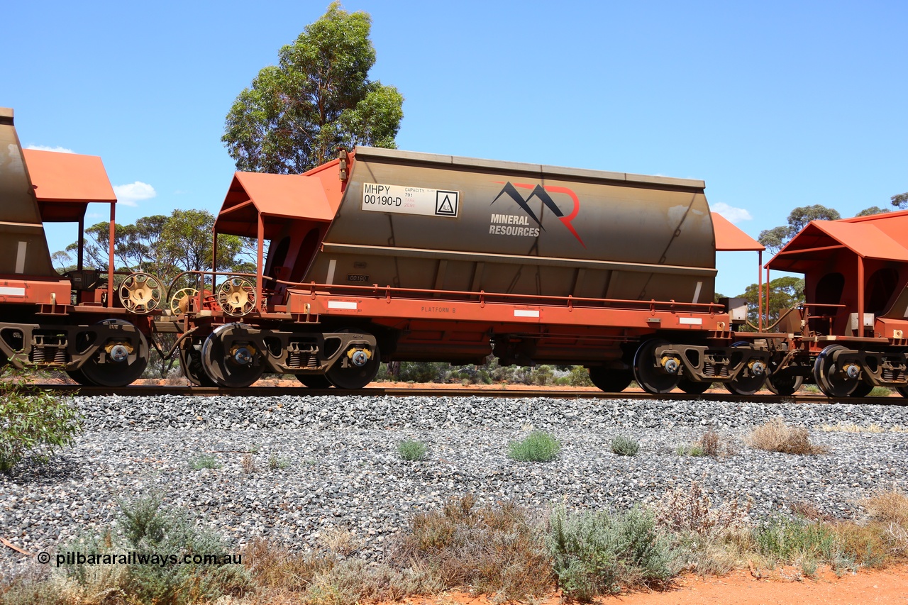 190107 0641
Binduli, on empty Mineral Resources Ltd iron ore train service from Esperance to Koolyanobbing 2034 with MRL's MHPY type iron ore waggon MHPY 00190 built by CSR Yangtze Co China serial 2014/382-190 in 2014 as a batch of 382 units, these bottom discharge hopper waggons are operated in 'married' pairs.
Keywords: MHPY-type;MHPY00190;2014/382-190;CSR-Yangtze-Rolling-Stock-Co-China;