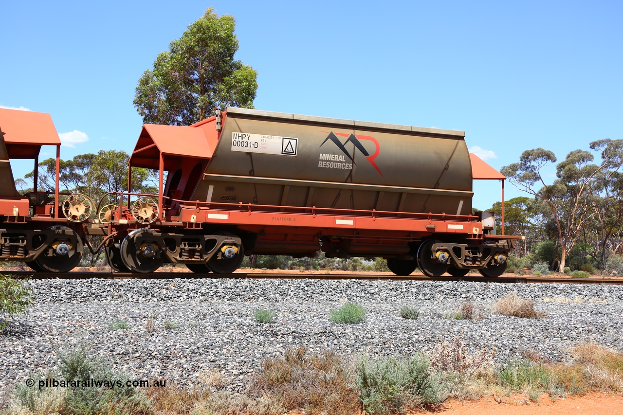 190107 0643
Binduli, on empty Mineral Resources Ltd iron ore train service from Esperance to Koolyanobbing 2034 with MRL's MHPY type iron ore waggon MHPY 00031 built by CSR Yangtze Co China serial 2014/382-31 in 2014 as a batch of 382 units, these bottom discharge hopper waggons are operated in 'married' pairs.
Keywords: MHPY-type;MHPY00031;2014/382-31;CSR-Yangtze-Rolling-Stock-Co-China;