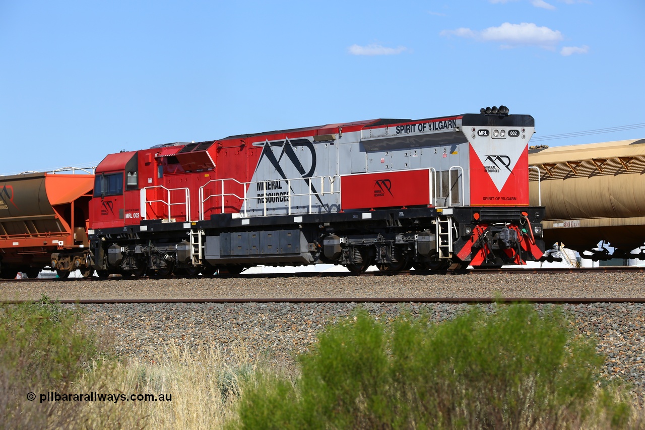 190107 0650
West Kalgoorlie, Mineral Resources MRL class loco MRL 002 'Spirit of Yilgarn' with serial R-0113-03/14-505 a UGL Rail Broadmeadow NSW built GE model C44ACi model locomotive sits on a rake of fuel waggons awaiting its' transfer run to Esperance on the overnight fuel train.
Keywords: MRL-class;MRL002;UGL-Rail-NSW;GE;C44ACi;R-0113-03/14-505;