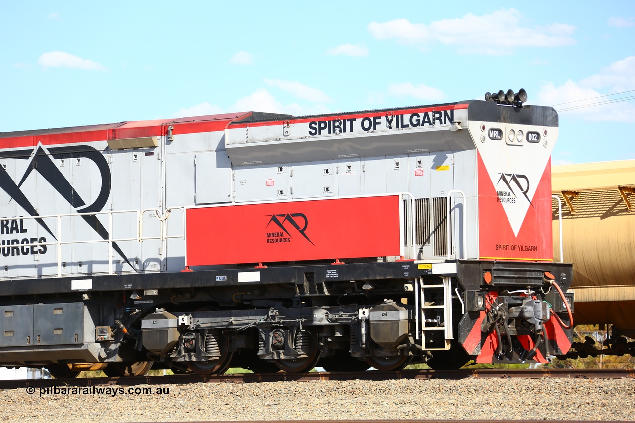 190107 0652
West Kalgoorlie, radiator end view of Mineral Resources MRL class loco MRL 002 'Spirit of Yilgarn' with serial R-0113-03/14-505 a UGL Rail Broadmeadow NSW built GE model C44ACi model locomotive.
Keywords: MRL-class;MRL002;UGL-Rail-NSW;GE;C44ACi;R-0113-03/14-505;