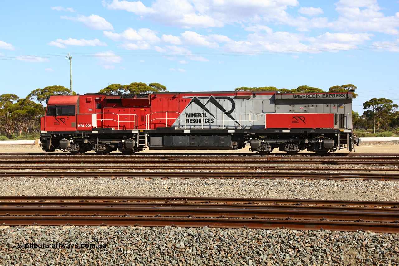 190107 0654
West Kalgoorlie, Mineral Resources MRL class loco MRL 006 'Merredin Express' with serial R-0113-05/14-509 a UGL Rail Broadmeadow NSW built GE model C44ACi model locomotive built in 2014 with 4354 horsepower.
Keywords: MRL-class;MRL006;UGL-Rail-NSW;GE;C44ACi;R-0113-05/14-509;