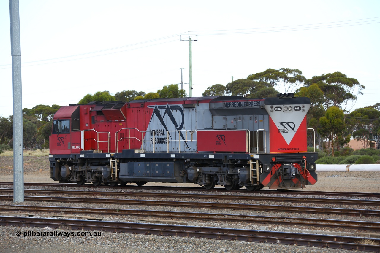 190107 0660
West Kalgoorlie, Mineral Resources MRL class loco MRL 006 'Merredin Express' with serial R-0113-05/14-509 a UGL Rail Broadmeadow NSW built GE model C44ACi model locomotive built in 2014 with 4354 horsepower.
Keywords: MRL-class;MRL006;UGL-Rail-NSW;GE;C44ACi;R-0113-05/14-509;