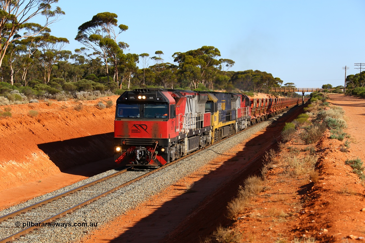 190109 1554
Binduli, Mineral Resources Ltd empty iron ore train 4030 with MRL 005 'Carina Flyer' with serial number R-0113-05/14-508 and is a UGL Rail Broadmeadow NSW built GE C44ACi model locomotive, one of six such units built for Mineral Resources in 2014.
Keywords: MRL-class;MRL005;UGL-Rail-NSW;GE;C44ACi;R-0113-05/14-508;