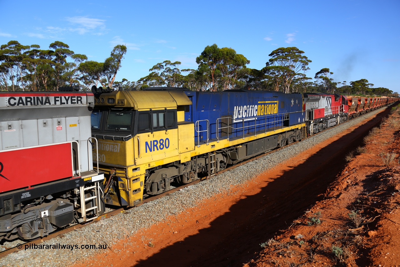 190109 1559
Binduli, Mineral Resources Ltd empty iron ore train 4030 with Pacific National's NR class loco NR 80 with serial 7250-03 / 97-282 a Goninan Bassendean WA built GE model Cv40-9i model locomotive originally built for National Rail Corporation 1997.
Keywords: NR-class;NR80;Goninan-WA;GE;Cv40-9i;7250-03/97-282;