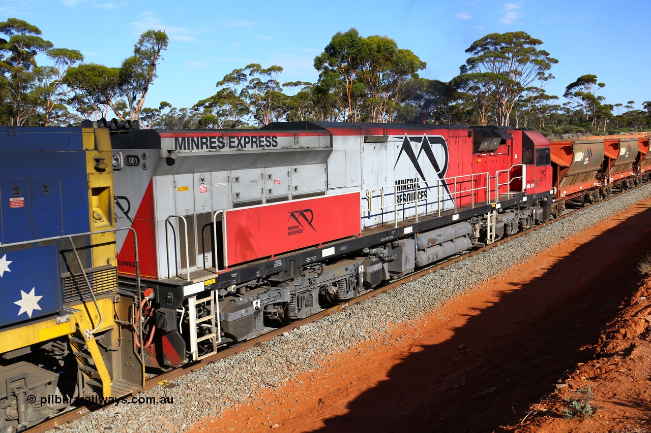 190109 1560
Binduli, Mineral Resources Ltd empty iron ore train 4030 with Mineral Resources MRL class loco MRL 001 'Minres Express' with serial R-0113-03/14-504 a UGL Rail Broadmeadow NSW built GE model C44ACi model locomotive, one of 6 built in 2014.
Keywords: MRL-class;MRL001;UGL-Rail-NSW;GE;C44aci;R-0113-03/14-504;