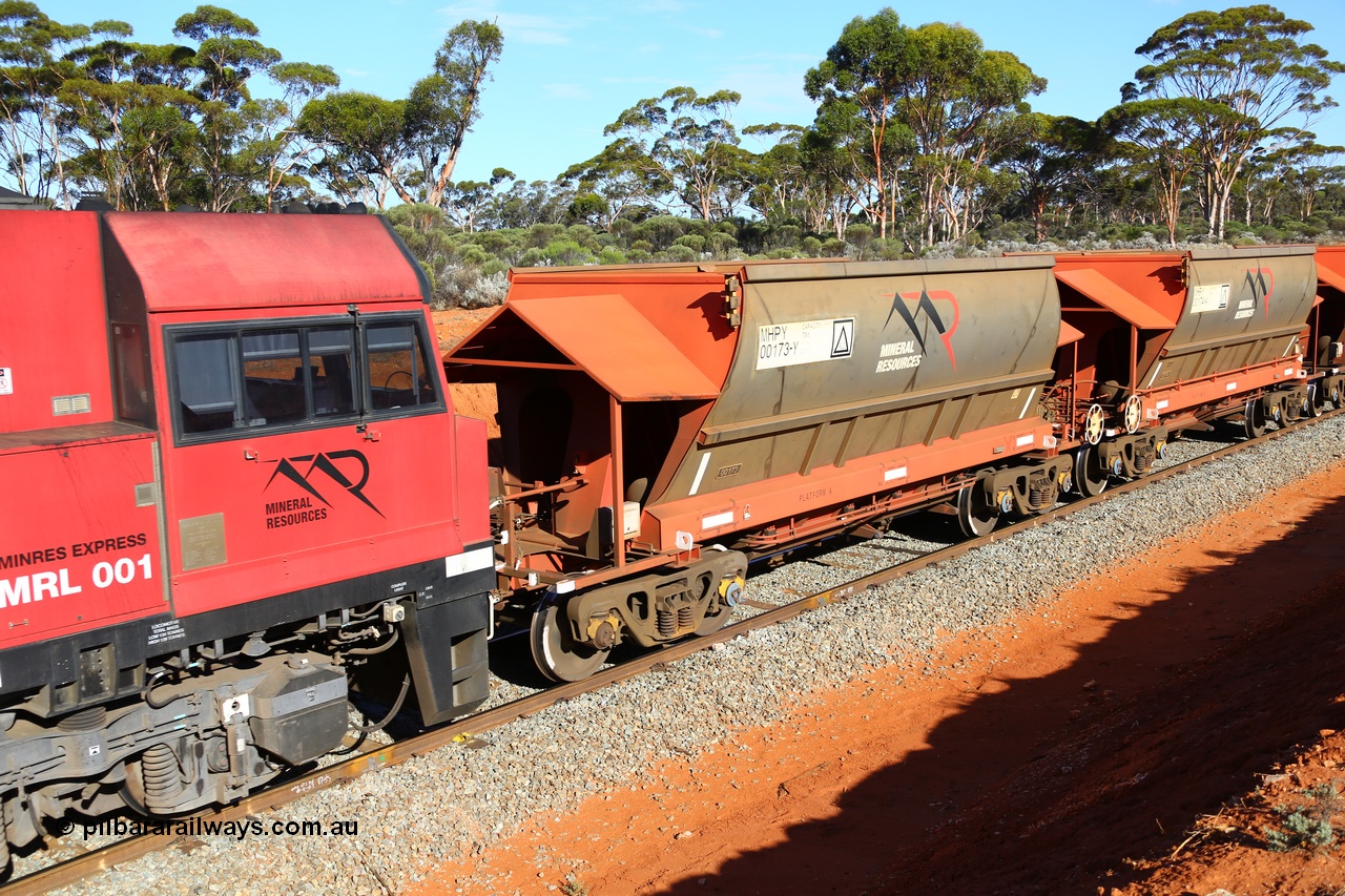 190109 1561
Binduli, Mineral Resources Ltd empty iron ore train 4030 with MRL's MHPY type iron ore waggon MHPY 00173 built by CSR Yangtze Co China serial 2014/382-173 in 2014 as a batch of 382 units, these bottom discharge hopper waggons are operated in 'married' pairs.
Keywords: MHPY-type;MHPY00173;2014/382-173;CSR-Yangtze-Rolling-Stock-Co-China;