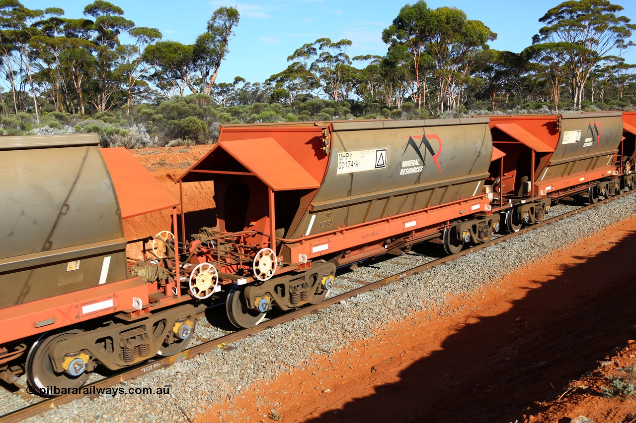 190109 1562
Binduli, Mineral Resources Ltd empty iron ore train 4030 with MRL's MHPY type iron ore waggon MHPY 00174 built by CSR Yangtze Co China serial 2014/382-174 in 2014 as a batch of 382 units, these bottom discharge hopper waggons are operated in 'married' pairs.
Keywords: MHPY-type;MHPY00174;2014/382-174;CSR-Yangtze-Rolling-Stock-Co-China;