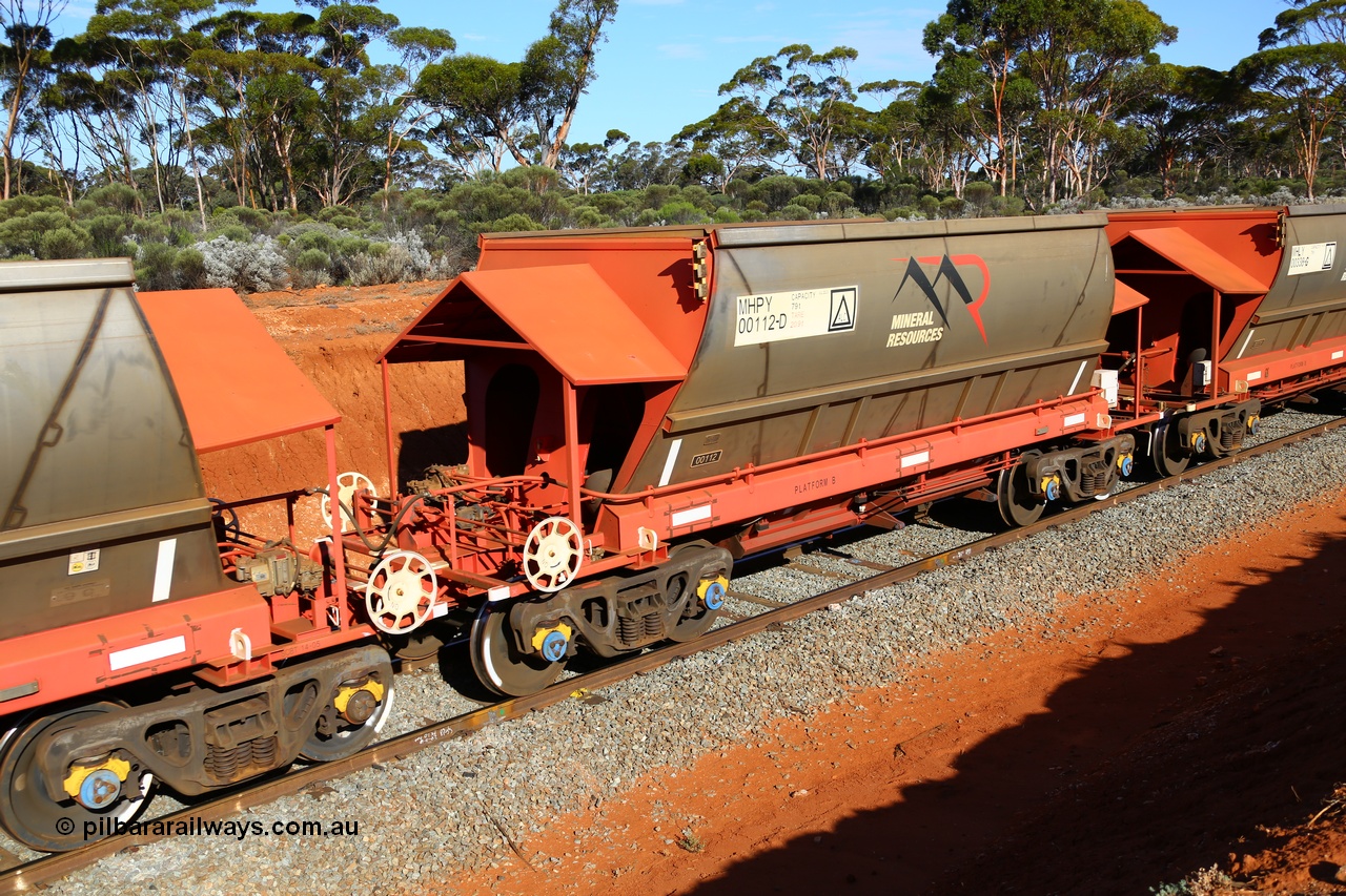 190109 1566
Binduli, Mineral Resources Ltd empty iron ore train 4030 with MRL's MHPY type iron ore waggon MHPY 00112 built by CSR Yangtze Co China serial 2014/382-112 in 2014 as a batch of 382 units, these bottom discharge hopper waggons are operated in 'married' pairs.
Keywords: MHPY-type;MHPY00112;2014/382-112;CSR-Yangtze-Rolling-Stock-Co-China;