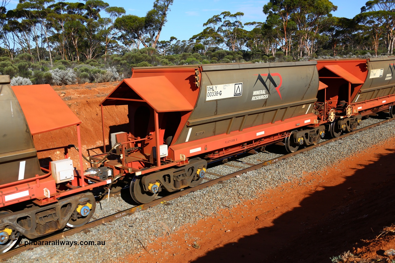 190109 1567
Binduli, Mineral Resources Ltd empty iron ore train 4030 with MRL's MHLY type iron ore waggon MHLY 00338 built by CSR Yangtze Co China serial 2014/382-338 in 2014 as a batch of 382 units, these bottom discharge hopper waggons have been split from the 'married' pairs the rest of the fleet are operated as and are single waggons, of which only four exist.
Keywords: MHLY-type;MHLY00338;2014/382-338;CSR-Yangtze-Rolling-Stock-Co-China;