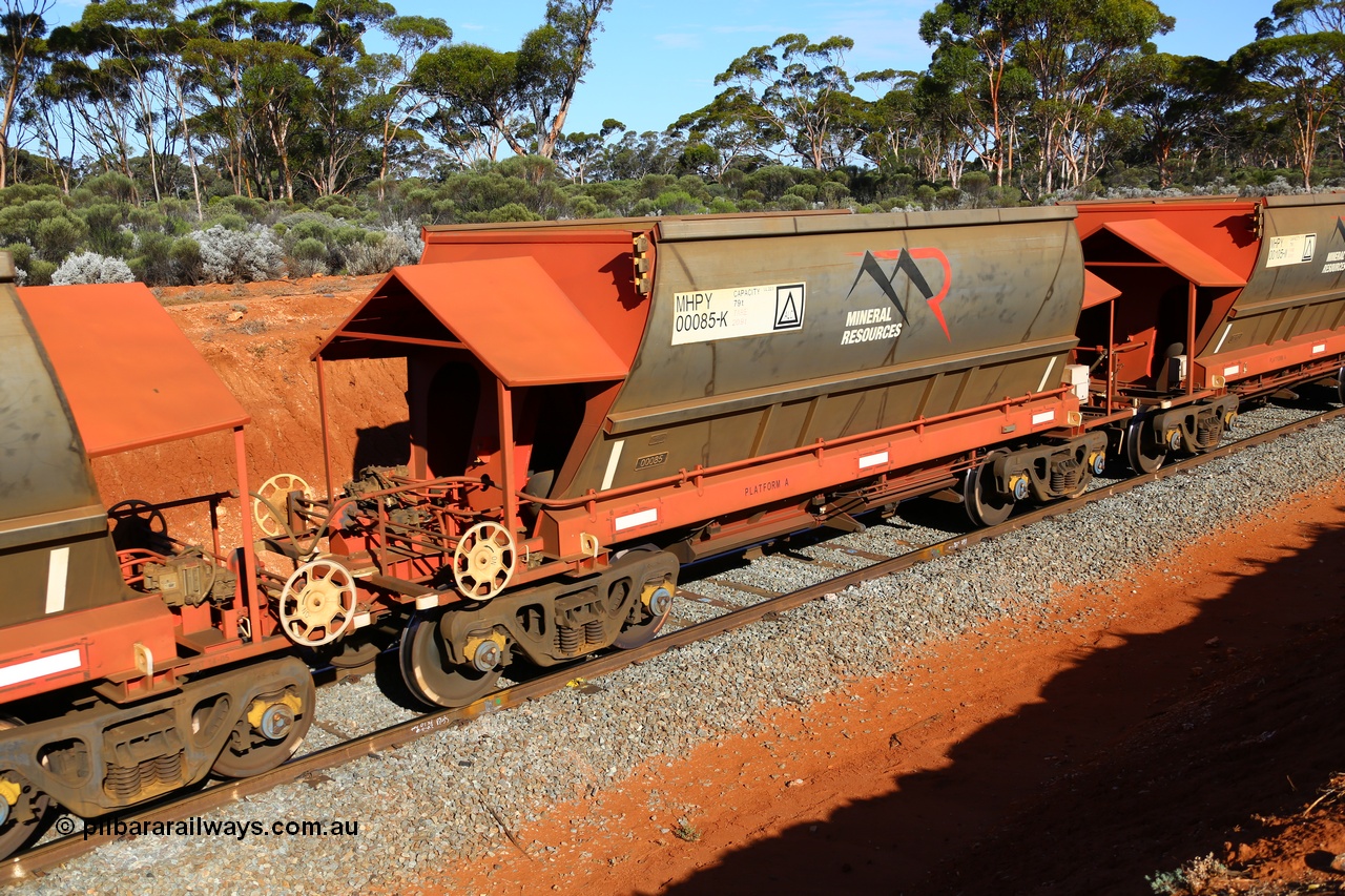 190109 1570
Binduli, Mineral Resources Ltd empty iron ore train 4030 with MRL's MHPY type iron ore waggon MHPY 00086 built by CSR Yangtze Co China serial 2014/382-86 in 2014 as a batch of 382 units, these bottom discharge hopper waggons are operated in 'married' pairs.
Keywords: MHPY-type;MHPY00085;2014/382-85;CSR-Yangtze-Rolling-Stock-Co-China;