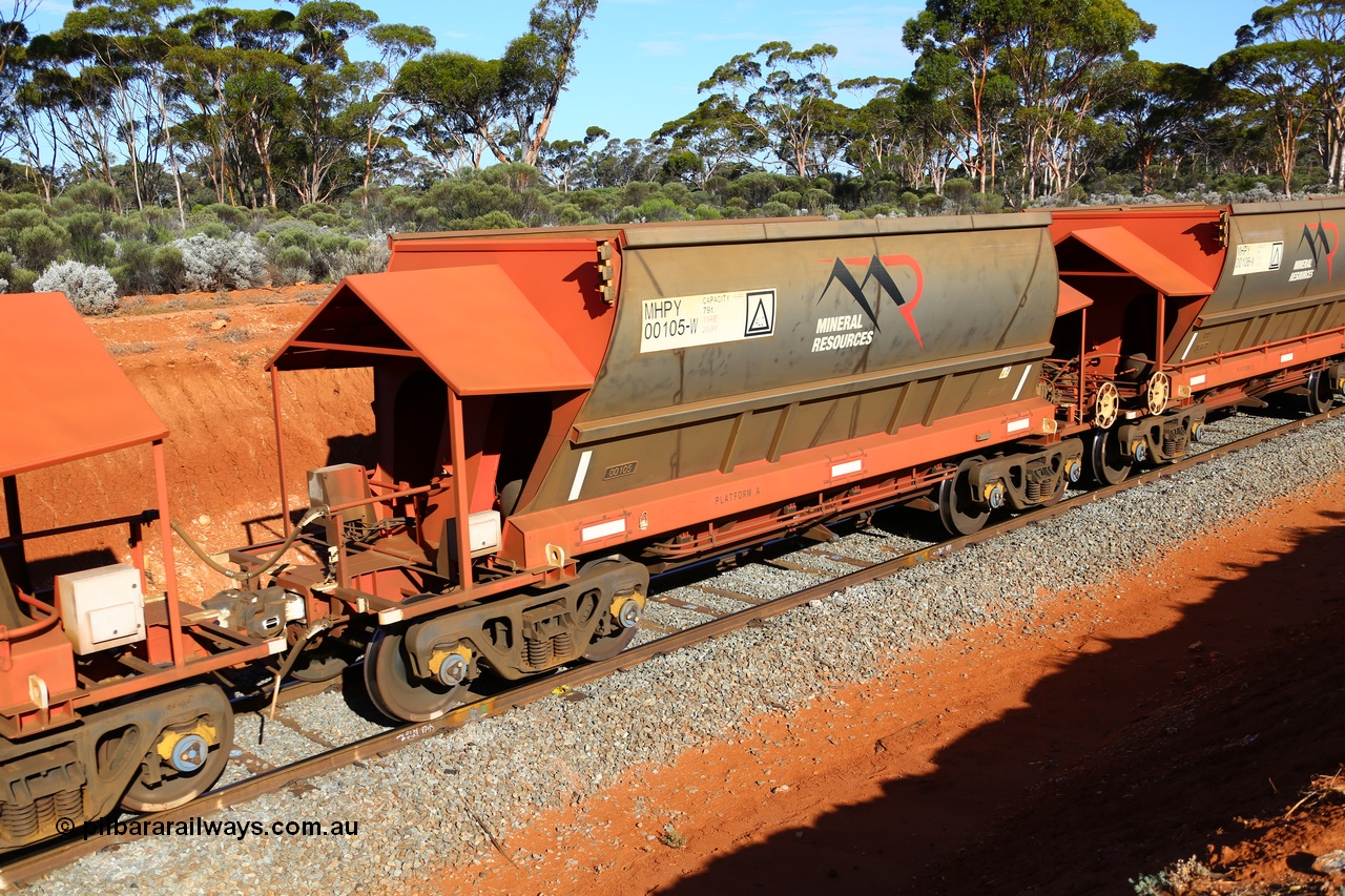 190109 1571
Binduli, Mineral Resources Ltd empty iron ore train 4030 with MRL's MHPY type iron ore waggon MHPY 00105 built by CSR Yangtze Co China serial 2014/382-105 in 2014 as a batch of 382 units, these bottom discharge hopper waggons are operated in 'married' pairs.
Keywords: MHPY-type;MHPY00105;2014/382-105;CSR-Yangtze-Rolling-Stock-Co-China;