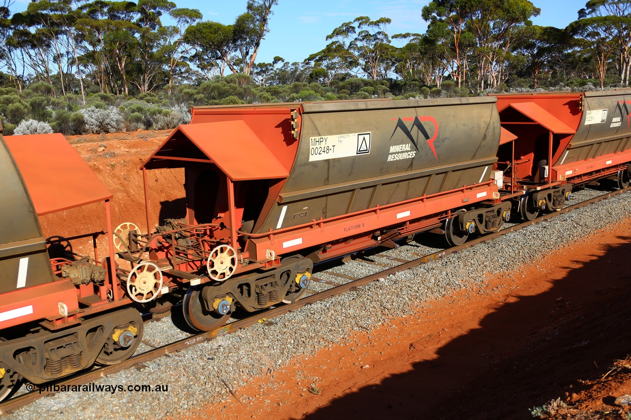 190109 1574
Binduli, Mineral Resources Ltd empty iron ore train 4030 with MRL's MHPY type iron ore waggon MHPY 00248 built by CSR Yangtze Co China serial 2014/382-248 in 2014 as a batch of 382 units, these bottom discharge hopper waggons are operated in 'married' pairs.
Keywords: MHPY-type;MHPY00248;2014/382-248;CSR-Yangtze-Rolling-Stock-Co-China;