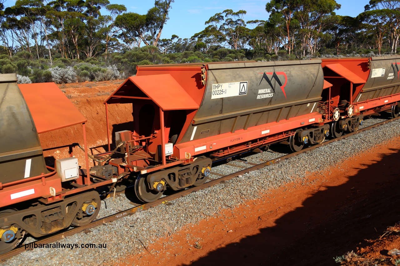 190109 1575
Binduli, Mineral Resources Ltd empty iron ore train 4030 with MRL's MHPY type iron ore waggon MHPY 00225 built by CSR Yangtze Co China serial 2014/382-225 in 2014 as a batch of 382 units, these bottom discharge hopper waggons are operated in 'married' pairs.
Keywords: MHPY-type;MHPY00225;2014/382-225;CSR-Yangtze-Rolling-Stock-Co-China;