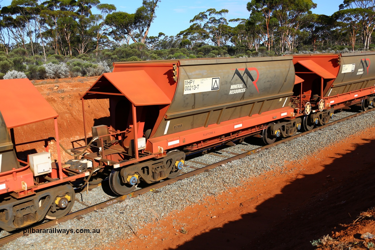 190109 1577
Binduli, Mineral Resources Ltd empty iron ore train 4030 with MRL's MHPY type iron ore waggon MHPY 00226 built by CSR Yangtze Co China serial 2014/382-226 in 2014 as a batch of 382 units, these bottom discharge hopper waggons are operated in 'married' pairs.
Keywords: MHPY-type;MHPY00213;2014/382-213;CSR-Yangtze-Rolling-Stock-Co-China;