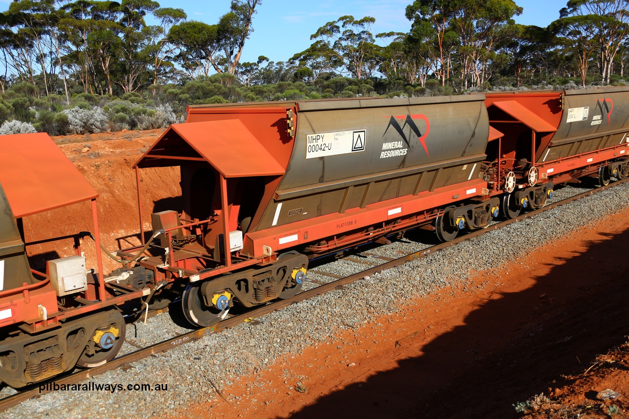 190109 1579
Binduli, Mineral Resources Ltd empty iron ore train 4030 with MRL's MHPY type iron ore waggon MHPY 00214 built by CSR Yangtze Co China serial 2014/382-214 in 2014 as a batch of 382 units, these bottom discharge hopper waggons are operated in 'married' pairs.
Keywords: MHPY-type;MHPY00042;2014/382-42;CSR-Yangtze-Rolling-Stock-Co-China;