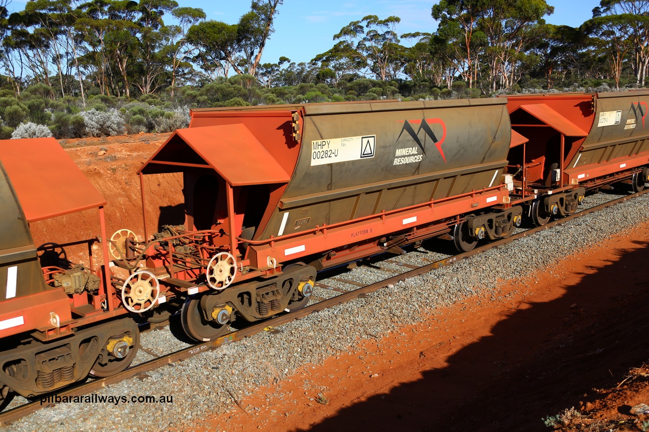 190109 1582
Binduli, Mineral Resources Ltd empty iron ore train 4030 with MRL's MHPY type iron ore waggon MHPY 00282 built by CSR Yangtze Co China serial 2014/382-282 in 2014 as a batch of 382 units, these bottom discharge hopper waggons are operated in 'married' pairs.
Keywords: MHPY-type;MHPY00282;2014/382-282;CSR-Yangtze-Rolling-Stock-Co-China;