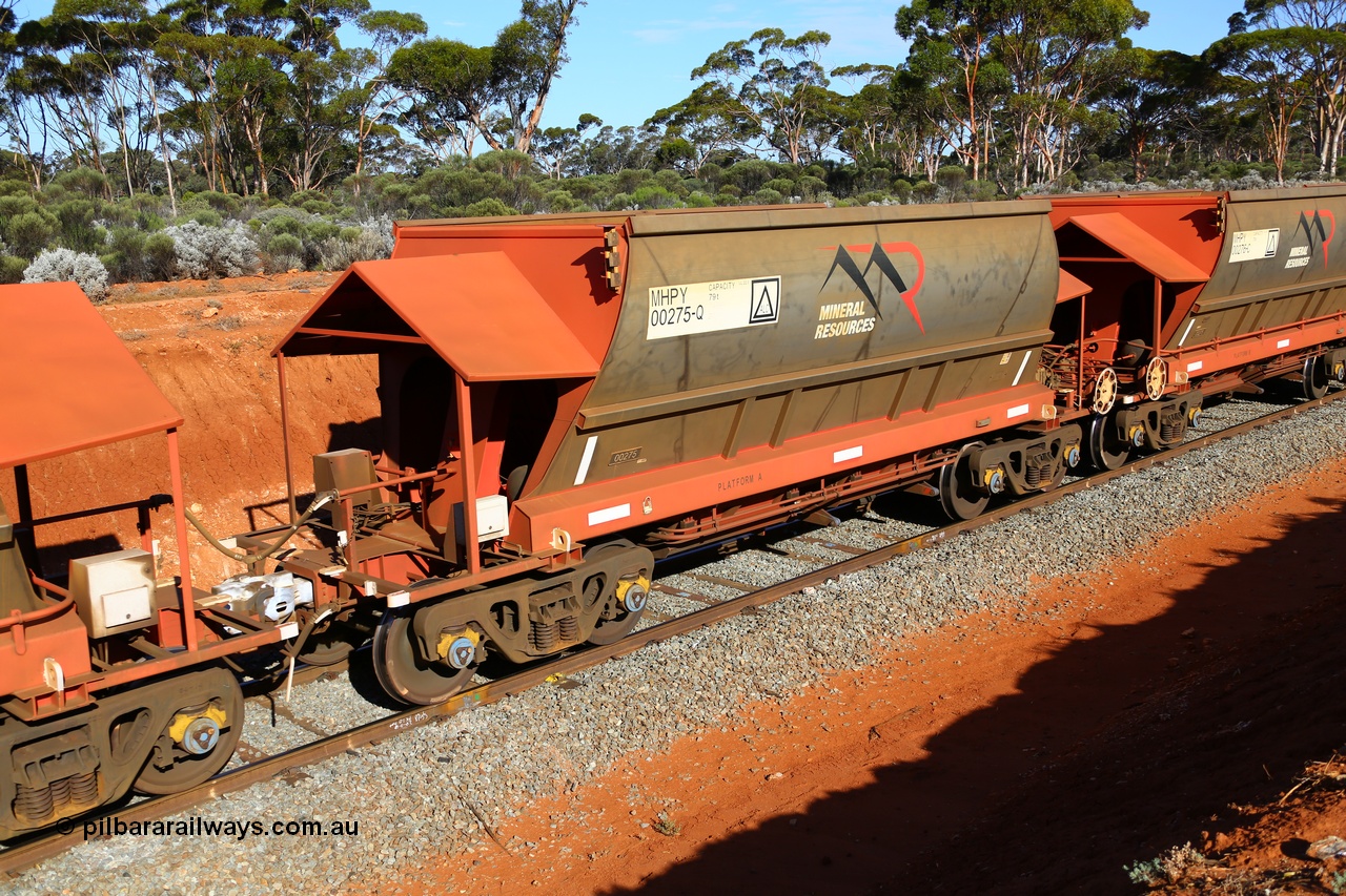 190109 1583
Binduli, Mineral Resources Ltd empty iron ore train 4030 with MRL's MHPY type iron ore waggon MHPY 00275 built by CSR Yangtze Co China serial 2014/382-275 in 2014 as a batch of 382 units, these bottom discharge hopper waggons are operated in 'married' pairs.
Keywords: MHPY-type;MHPY00275;2014/382-275;CSR-Yangtze-Rolling-Stock-Co-China;