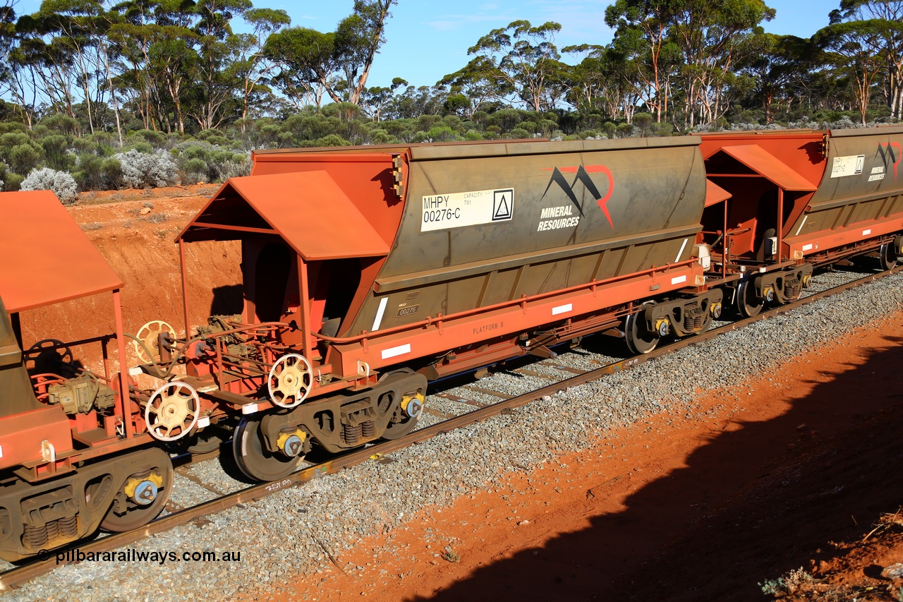 190109 1584
Binduli, Mineral Resources Ltd empty iron ore train 4030 with MRL's MHPY type iron ore waggon MHPY 00276 built by CSR Yangtze Co China serial 2014/382-276 in 2014 as a batch of 382 units, these bottom discharge hopper waggons are operated in 'married' pairs.
Keywords: MHPY-type;MHPY00276;2014/382-276;CSR-Yangtze-Rolling-Stock-Co-China;