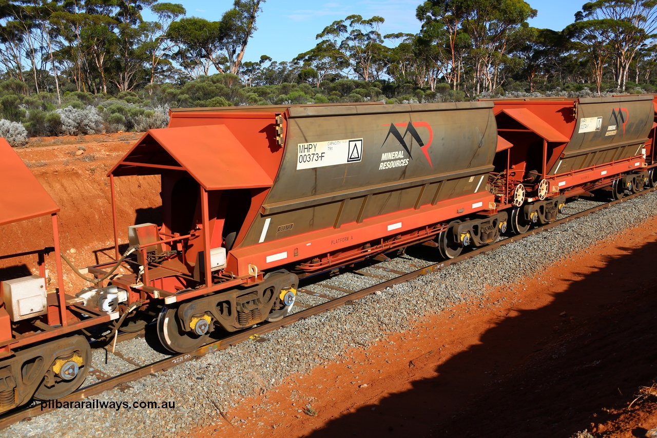190109 1589
Binduli, Mineral Resources Ltd empty iron ore train 4030 with MRL's MHPY type iron ore waggon MHPY 00373 built by CSR Yangtze Co China serial 2014/382-373 in 2014 as a batch of 382 units, these bottom discharge hopper waggons are operated in 'married' pairs.
Keywords: MHPY-type;MHPY00373;2014/382-373;CSR-Yangtze-Rolling-Stock-Co-China;