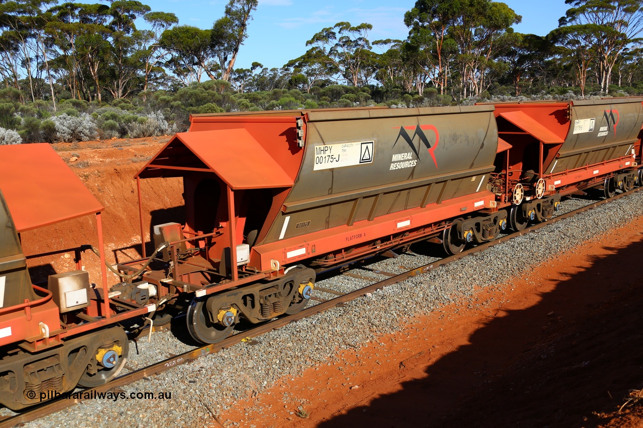 190109 1593
Binduli, Mineral Resources Ltd empty iron ore train 4030 with MRL's MHPY type iron ore waggon MHPY 00175 built by CSR Yangtze Co China serial 2014/382-175 in 2014 as a batch of 382 units, these bottom discharge hopper waggons are operated in 'married' pairs.
Keywords: MHPY-type;MHPY00175;2014/382-175;CSR-Yangtze-Rolling-Stock-Co-China;