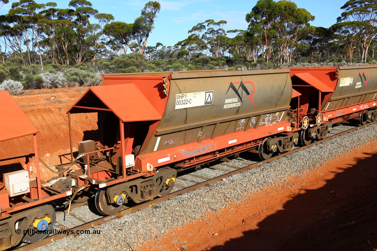 190109 1597
Binduli, Mineral Resources Ltd empty iron ore train 4030 with MRL's MHPY type iron ore waggon MHPY 00322 built by CSR Yangtze Co China serial 2014/382-322 in 2014 as a batch of 382 units, these bottom discharge hopper waggons are operated in 'married' pairs.
Keywords: MHPY-type;MHPY00322;2014/382-322;CSR-Yangtze-Rolling-Stock-Co-China;