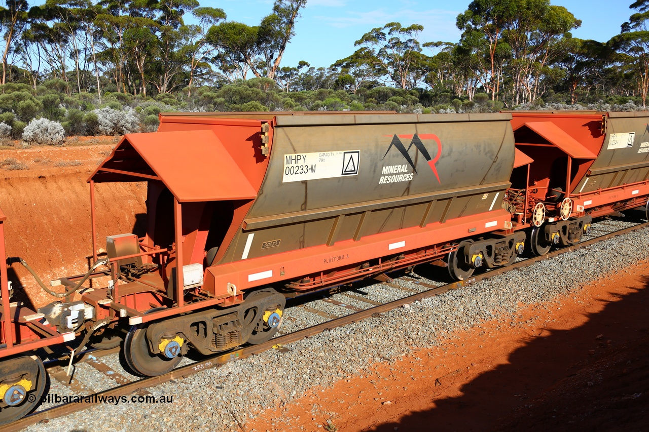 190109 1603
Binduli, Mineral Resources Ltd empty iron ore train 4030 with MRL's MHPY type iron ore waggon MHPY 00233 built by CSR Yangtze Co China serial 2014/382-233 in 2014 as a batch of 382 units, these bottom discharge hopper waggons are operated in 'married' pairs.
Keywords: MHPY-type;MHPY00233;2014/382-233;CSR-Yangtze-Rolling-Stock-Co-China;