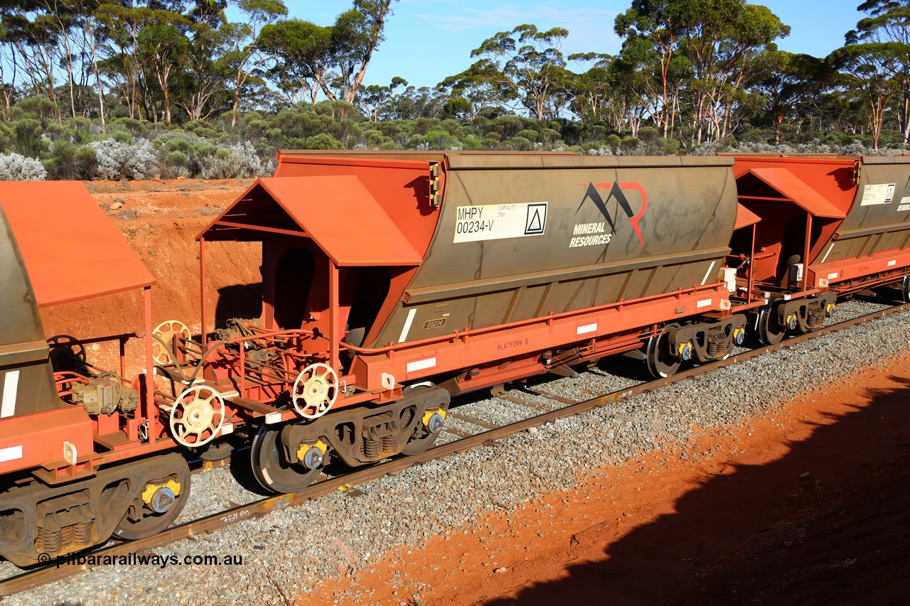 190109 1604
Binduli, Mineral Resources Ltd empty iron ore train 4030 with MRL's MHPY type iron ore waggon MHPY 00234 built by CSR Yangtze Co China serial 2014/382-234 in 2014 as a batch of 382 units, these bottom discharge hopper waggons are operated in 'married' pairs.
Keywords: MHPY-type;MHPY00234;2014/382-234;CSR-Yangtze-Rolling-Stock-Co-China;