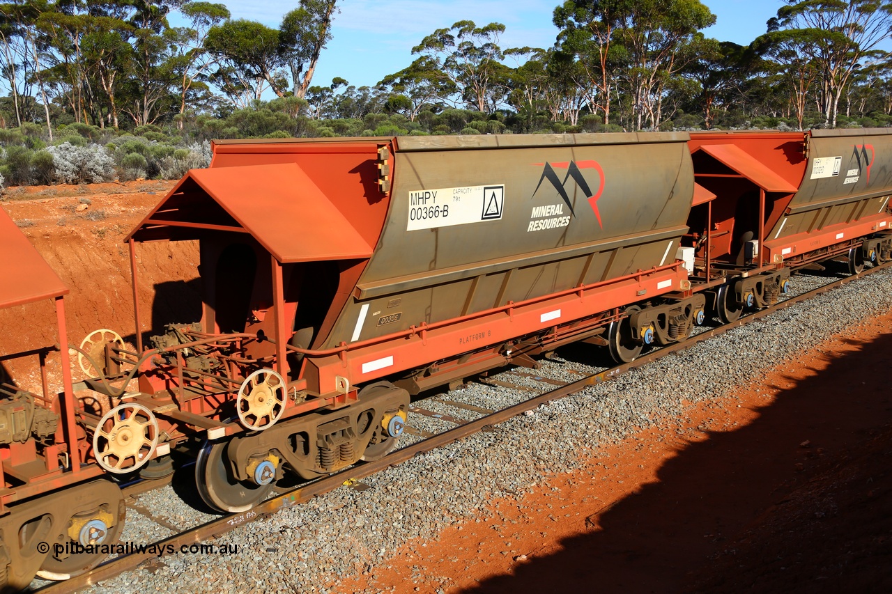 190109 1638
Binduli, Mineral Resources Ltd empty iron ore train 4030 with MRL's MHPY type iron ore waggon MHPY 00366 built by CSR Yangtze Co China serial 2014/382-366 in 2014 as a batch of 382 units, these bottom discharge hopper waggons are operated in 'married' pairs.
Keywords: MHPY-type;MHPY00366;2014/382-366;CSR-Yangtze-Rolling-Stock-Co-China;