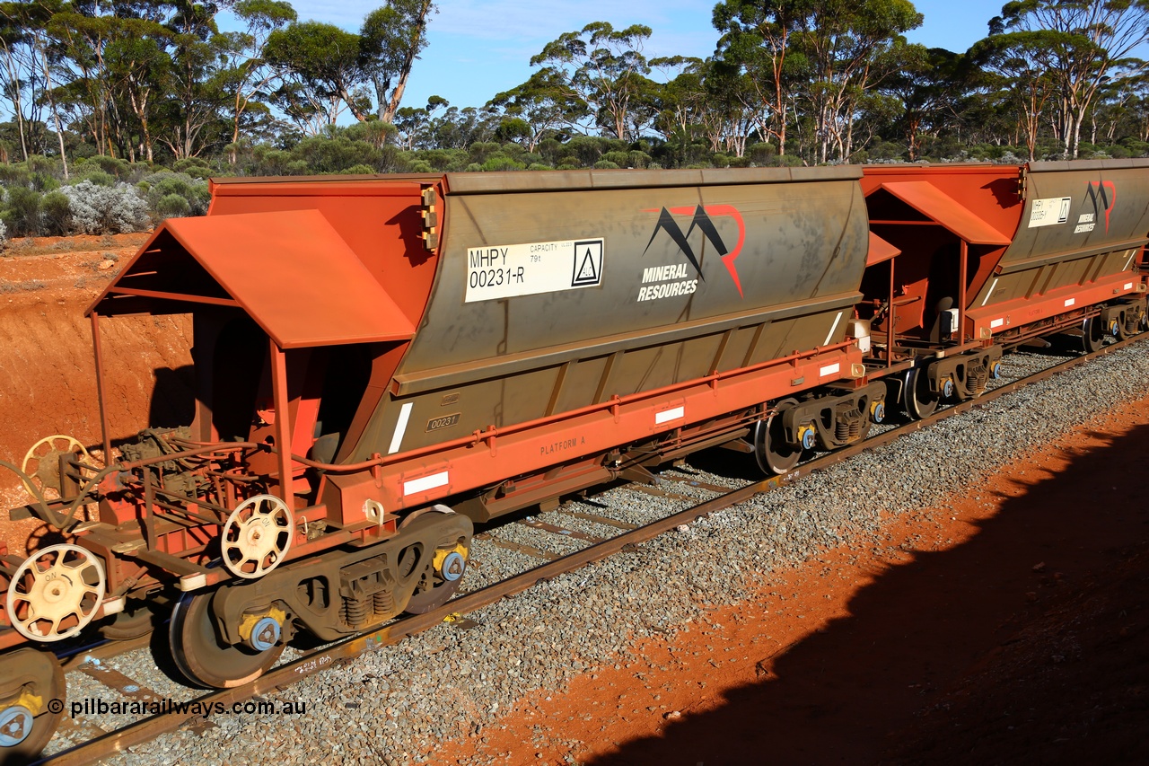 190109 1640
Binduli, Mineral Resources Ltd empty iron ore train 4030 with MRL's MHPY type iron ore waggon MHPY 00232 built by CSR Yangtze Co China serial 2014/382-232 in 2014 as a batch of 382 units, these bottom discharge hopper waggons are operated in 'married' pairs.
Keywords: MHPY-type;MHPY00231;2014/382-231;CSR-Yangtze-Rolling-Stock-Co-China;