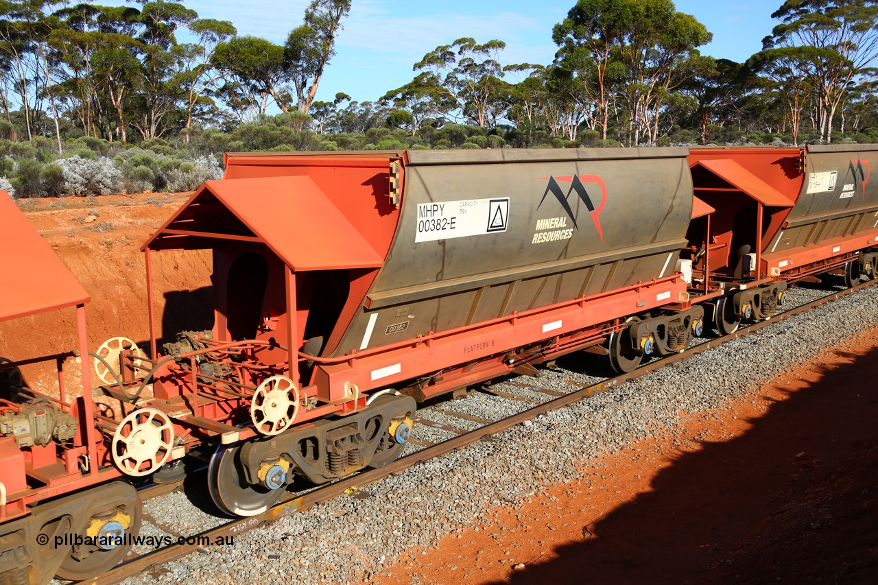 190109 1660
Binduli, Mineral Resources Ltd empty iron ore train 4030 with MRL's MHPY type iron ore waggon MHPY 00382 built by CSR Yangtze Co China serial 2014/382-382 in 2014 as a batch of 382 units, these bottom discharge hopper waggons are operated in 'married' pairs.
Keywords: MHPY-type;MHPY00382;2014/382-382;CSR-Yangtze-Rolling-Stock-Co-China;
