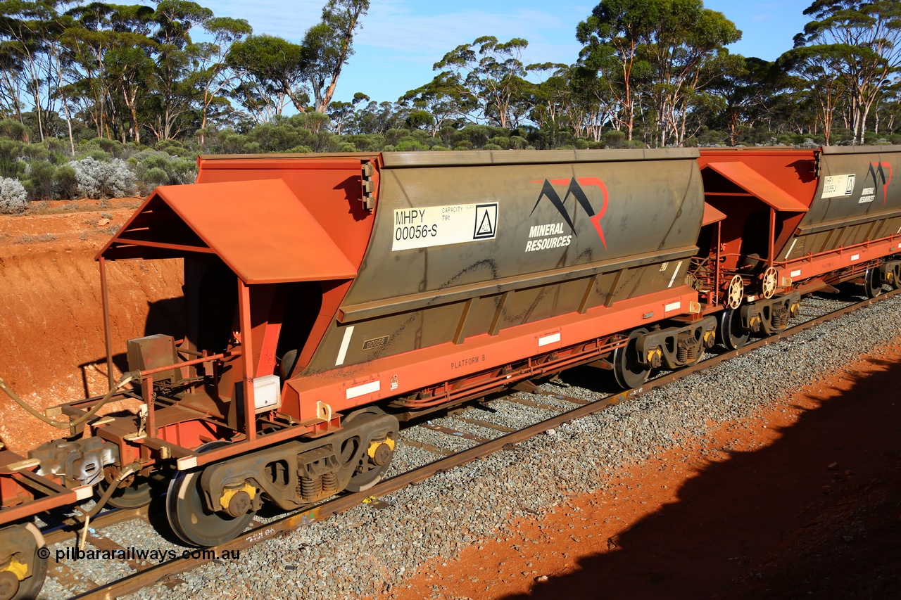 190109 1671
Binduli, Mineral Resources Ltd empty iron ore train 4030 with MRL's MHPY type iron ore waggon MHPY 00056 built by CSR Yangtze Co China serial 2014/382-56 in 2014 as a batch of 382 units, these bottom discharge hopper waggons are operated in 'married' pairs.
Keywords: MHPY-type;MHPY00056;2014/382-56;CSR-Yangtze-Rolling-Stock-Co-China;