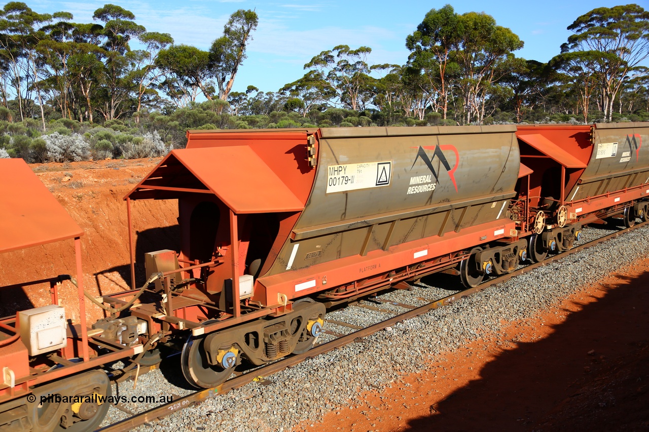 190109 1673
Binduli, Mineral Resources Ltd empty iron ore train 4030 with MRL's MHPY type iron ore waggon MHPY 00180 built by CSR Yangtze Co China serial 2014/382-180 in 2014 as a batch of 382 units, these bottom discharge hopper waggons are operated in 'married' pairs.
Keywords: MHPY-type;MHPY00179;2014/382-179;CSR-Yangtze-Rolling-Stock-Co-China;
