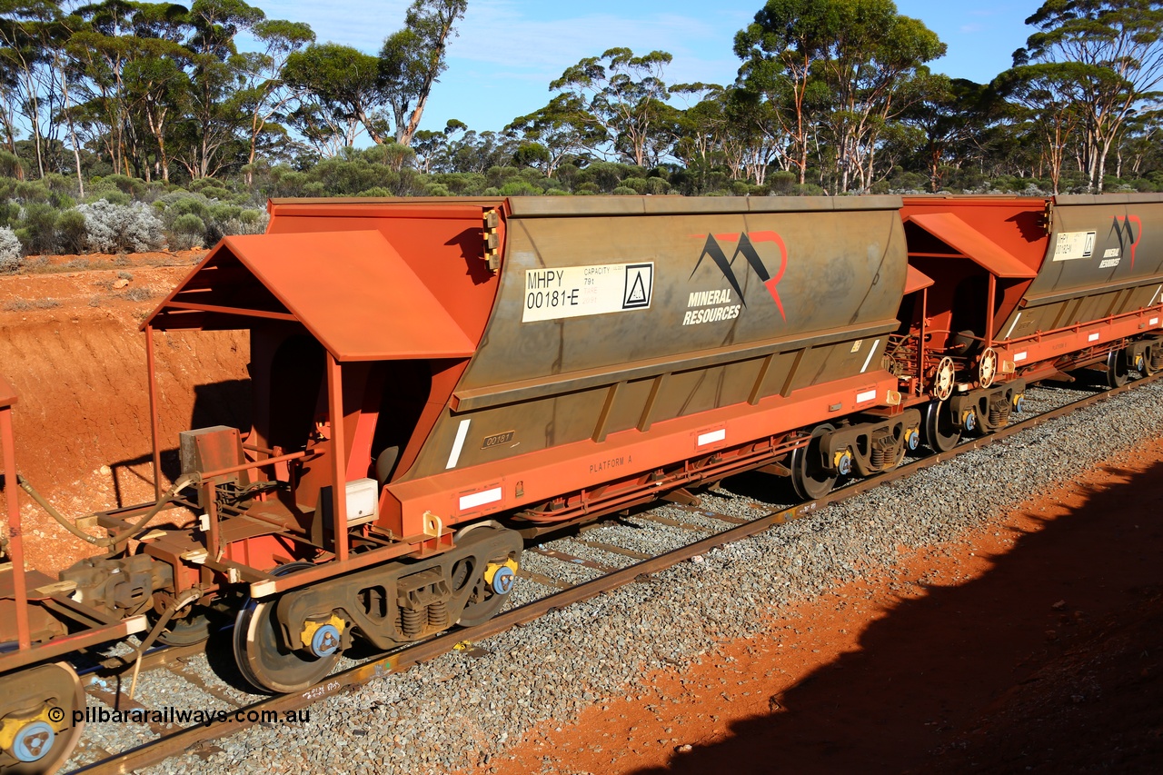 190109 1675
Binduli, Mineral Resources Ltd empty iron ore train 4030 with MRL's MHPY type iron ore waggon MHPY 00181 built by CSR Yangtze Co China serial 2014/382-181 in 2014 as a batch of 382 units, these bottom discharge hopper waggons are operated in 'married' pairs.
Keywords: MHPY-type;MHPY00181;2014/382-181;CSR-Yangtze-Rolling-Stock-Co-China;