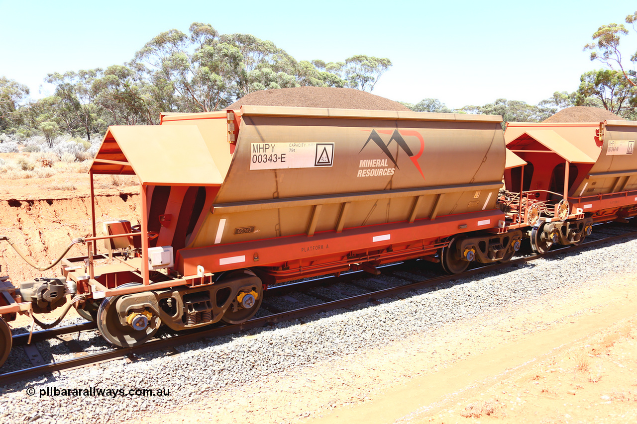 190129 4261
Binduli, on Mineral Resources Ltd loaded iron ore train service from Koolyanobbing to Esperance #3033 with MRL's MHPY type iron ore waggon MHPY 00343 built by CSR Yangtze Co China serial 2014/382-343 in 2014 as a batch of 382 units, these bottom discharge hopper waggons are operated in 'married' pairs.
Keywords: MHPY-type;MHPY00343;2014/382-343;CSR-Yangtze-Co-China;