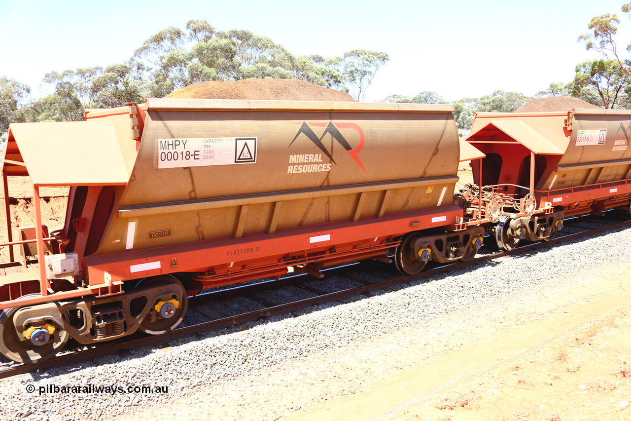 190129 4265
Binduli, on Mineral Resources Ltd loaded iron ore train service from Koolyanobbing to Esperance #3033 with MRL's MHPY type iron ore waggon MHPY 00018 built by CSR Yangtze Co China serial 2014/382-18 in 2014 as a batch of 382 units, these bottom discharge hopper waggons are operated in 'married' pairs.
Keywords: MHPY-type;MHPY00018;2014/382-18;CSR-Yangtze-Co-China;