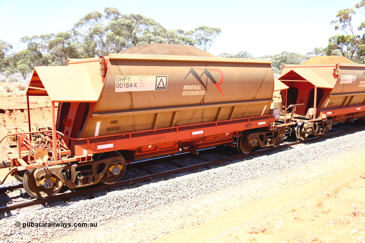 190129 4268
Binduli, on Mineral Resources Ltd loaded iron ore train service from Koolyanobbing to Esperance #3033 with MRL's MHPY type iron ore waggon MHPY 00184 built by CSR Yangtze Co China serial 2014/382-184 in 2014 as a batch of 382 units, these bottom discharge hopper waggons are operated in 'married' pairs.
Keywords: MHPY-type;MHPY00184;2014/382-184;CSR-Yangtze-Co-China;