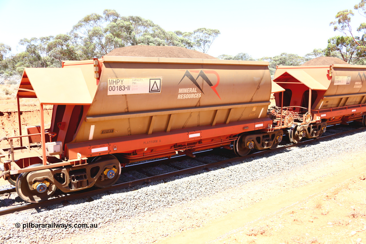 190129 4269
Binduli, on Mineral Resources Ltd loaded iron ore train service from Koolyanobbing to Esperance #3033 with MRL's MHPY type iron ore waggon MHPY 00183 built by CSR Yangtze Co China serial 2014/382-183 in 2014 as a batch of 382 units, these bottom discharge hopper waggons are operated in 'married' pairs.
Keywords: MHPY-type;MHPY00183;2014/382-183;CSR-Yangtze-Co-China;