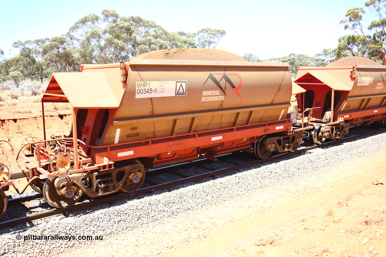 190129 4272
Binduli, on Mineral Resources Ltd loaded iron ore train service from Koolyanobbing to Esperance #3033 with MRL's MHPY type iron ore waggon MHPY 00345 built by CSR Yangtze Co China serial 2014/382-345 in 2014 as a batch of 382 units, these bottom discharge hopper waggons are operated in 'married' pairs.
Keywords: MHPY-type;MHPY00345;2014/382-345;CSR-Yangtze-Co-China;