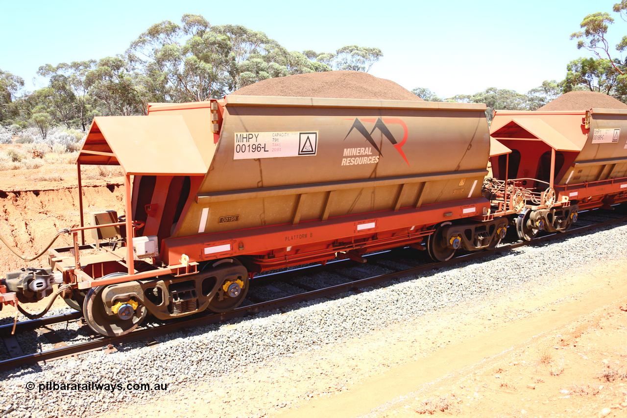 190129 4295
Binduli, on Mineral Resources Ltd loaded iron ore train service from Koolyanobbing to Esperance #3033 with MRL's MHPY type iron ore waggon MHPY 00196 built by CSR Yangtze Co China serial 2014/382-196 in 2014 as a batch of 382 units, these bottom discharge hopper waggons are operated in 'married' pairs.
Keywords: MHPY-type;MHPY00196;2014/382-196;CSR-Yangtze-Co-China;