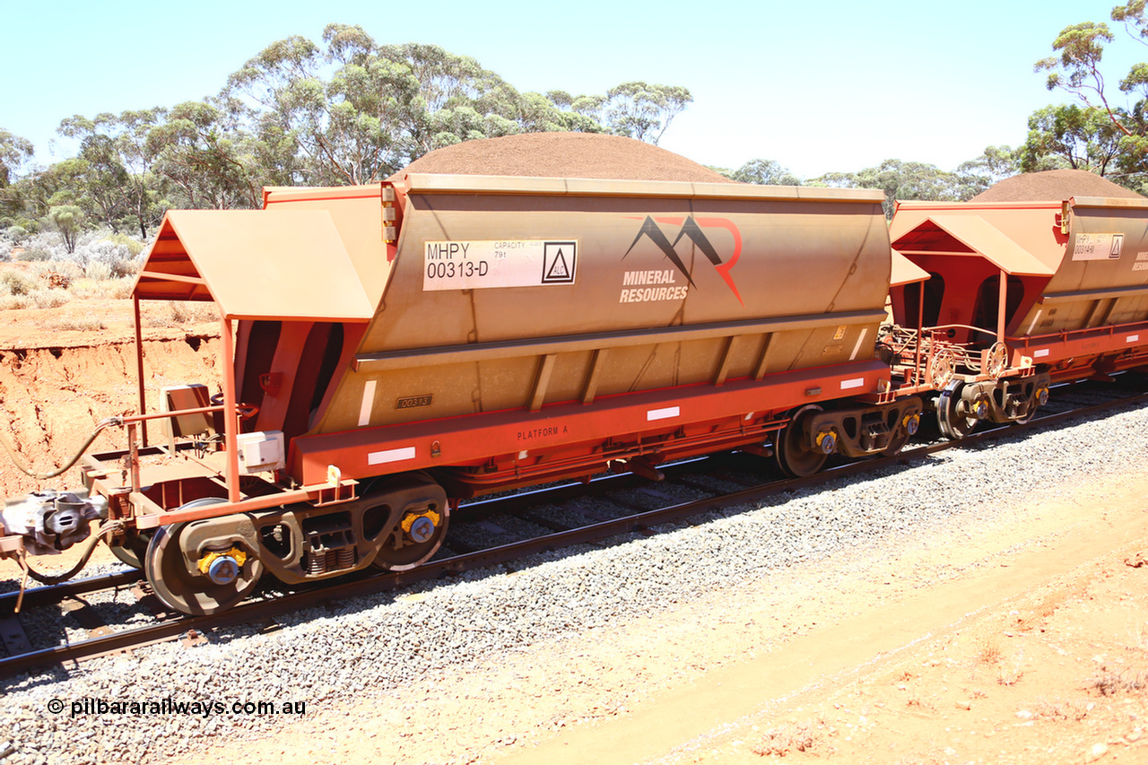 190129 4297
Binduli, on Mineral Resources Ltd loaded iron ore train service from Koolyanobbing to Esperance #3033 with MRL's MHPY type iron ore waggon MHPY 00313 built by CSR Yangtze Co China serial 2014/382-313 in 2014 as a batch of 382 units, these bottom discharge hopper waggons are operated in 'married' pairs.
Keywords: MHPY-type;MHPY00313;2014/382-313;CSR-Yangtze-Co-China;