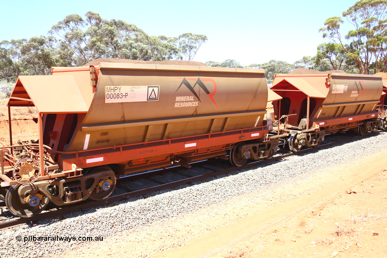 190129 4316
Binduli, on Mineral Resources Ltd loaded iron ore train service from Koolyanobbing to Esperance #3033 with MRL's MHPY type iron ore waggon MHPY 00083 built by CSR Yangtze Co China serial 2014/382-83 in 2014 as a batch of 382 units, these bottom discharge hopper waggons are operated in 'married' pairs.
Keywords: MHPY-type;MHPY00083;2014/382-83;CSR-Yangtze-Co-China;