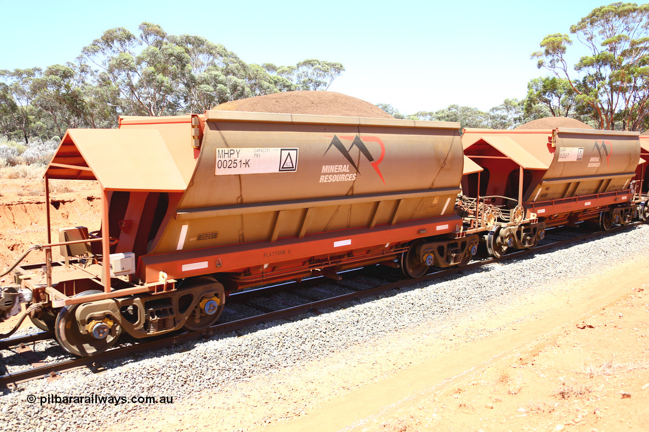190129 4319
Binduli, on Mineral Resources Ltd loaded iron ore train service from Koolyanobbing to Esperance #3033 with MRL's MHPY type iron ore waggon MHPY 00251 built by CSR Yangtze Co China serial 2014/382-251 in 2014 as a batch of 382 units, these bottom discharge hopper waggons are operated in 'married' pairs.
Keywords: MHPY-type;MHPY00251;2014/382-251;CSR-Yangtze-Co-China;
