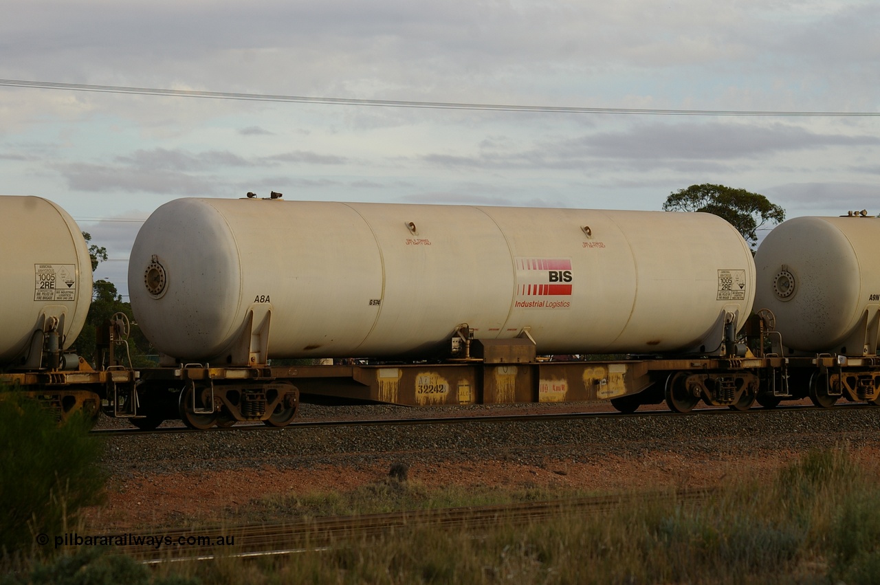 130429 IMG P12868
West Kalgoorlie, AZKY type anhydrous ammonia tank waggon AZKY 32242, final unit of twelve waggons built by Goninan WA in 1998 as type WQK for Murrin Murrin traffic, fitted with Bis Industries anhydrous ammonia tank A8A. Peter Donaghy image.
Keywords: Peter-D-Image;AZKY-type;AZKY32242;Goninan-WA;WQK-type;