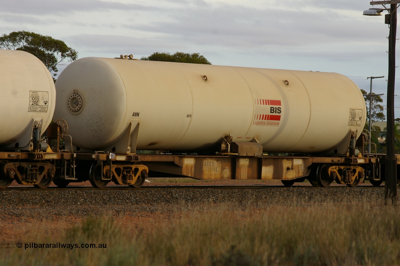 130429 IMG P12869
West Kalgoorlie, AZKY type anhydrous ammonia tank waggon AZKY 32234, one of twelve built by Goninan WA in 1998 as class WQK for Murrin Murrin traffic, fitted with Brambles anhydrous ammonia tank A9N. Peter Donaghy image.
Keywords: Peter-D-Image;AZKY-type;AZKY32234;Goninan-WA;WQK-type;